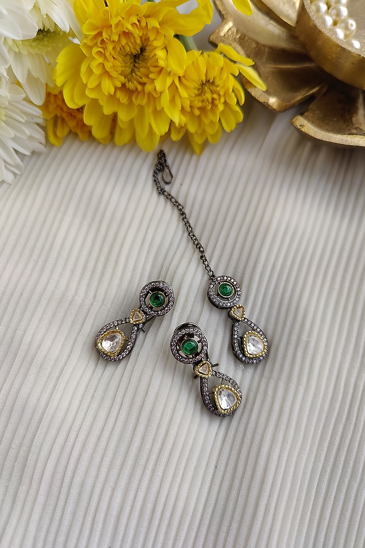Black Rhodium Finish Kundan Polki & Zirconia Long Necklace Set by Anairaa Jewellery at Pernia's Pop Up Shop