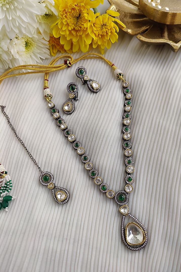 Black Rhodium Finish Kundan Polki & Zirconia Long Necklace Set by Anairaa Jewellery at Pernia's Pop Up Shop