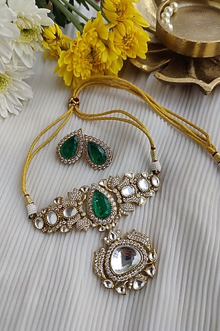Gold Finish Kundan Polki & Green Doublet Stone Choker Necklace Set by Anairaa Jewellery