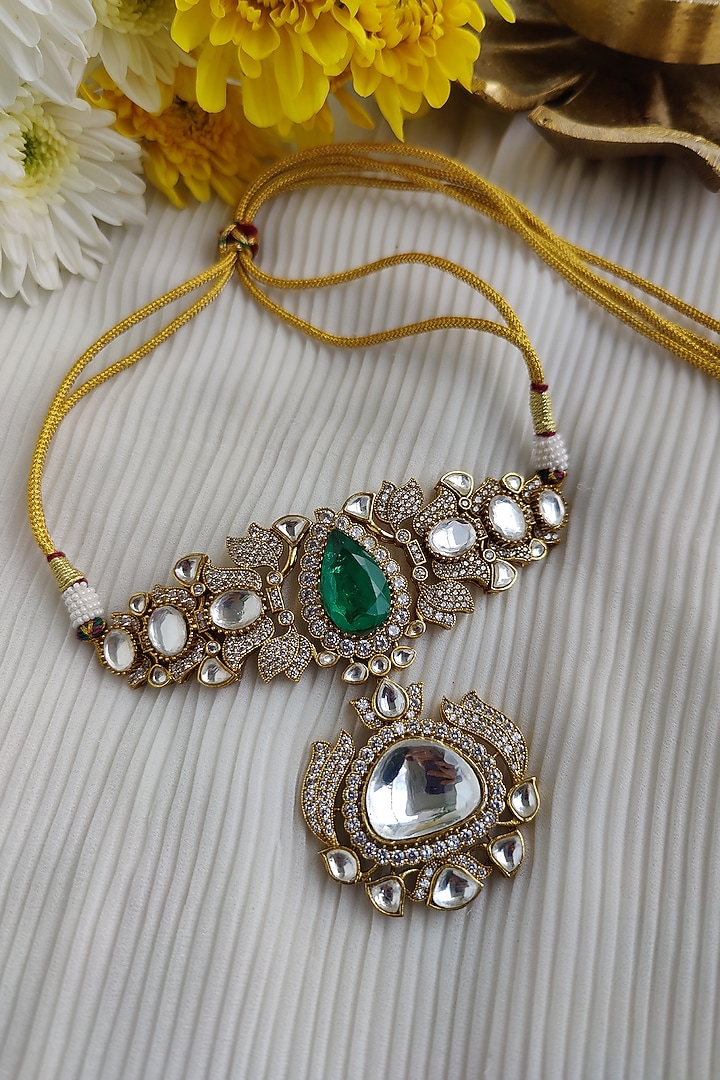 Gold Finish Kundan Polki & Green Doublet Stone Choker Necklace Set by Anairaa Jewellery at Pernia's Pop Up Shop