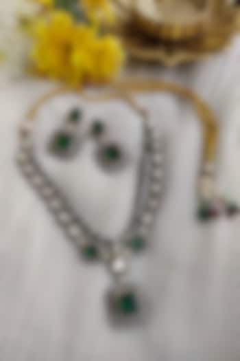Black Rhodium Finish Kundan Polki & Green Doublet Stone Long Necklace Set by Anairaa Jewellery