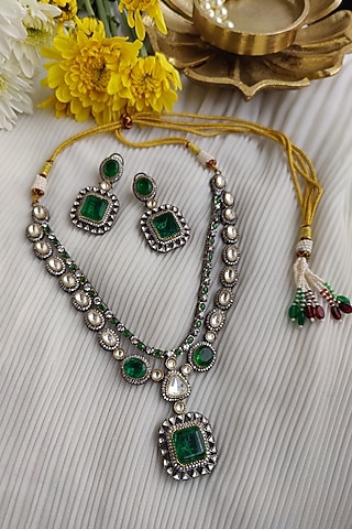 Black Rhodium Finish Kundan Polki & Green Doublet Stone Long Necklace Set by Anairaa Jewellery