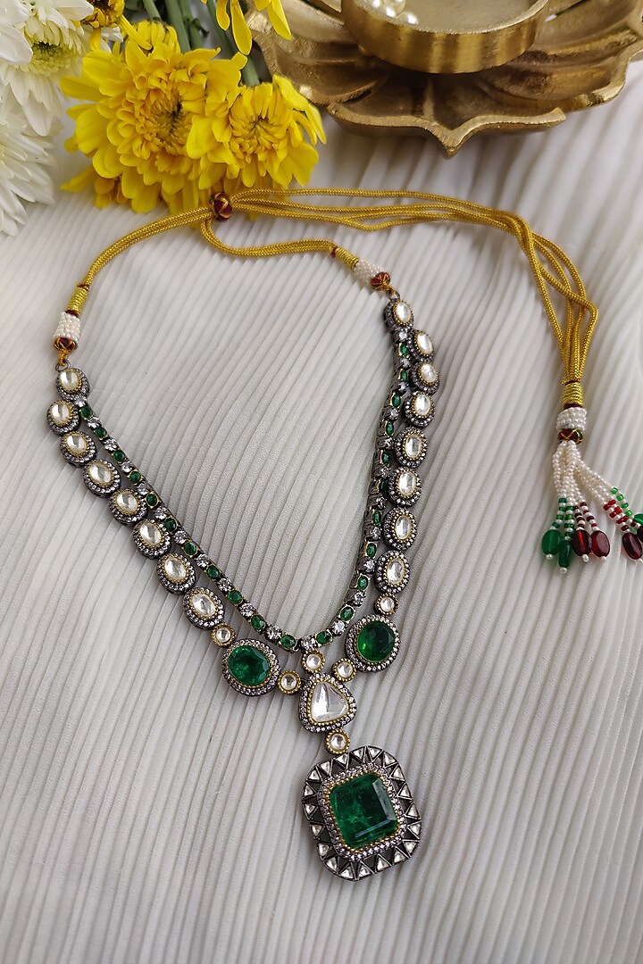 Black Rhodium Finish Kundan Polki & Green Doublet Stone Long Necklace Set by Anairaa Jewellery at Pernia's Pop Up Shop