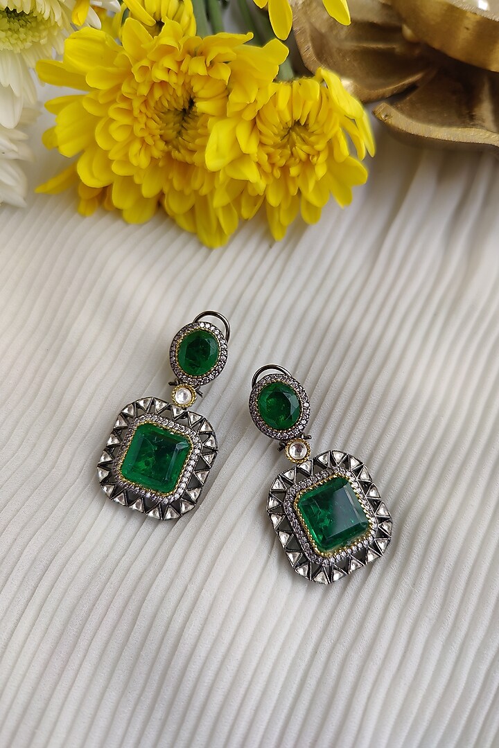 Black Rhodium Finish Kundan Polki & Green Doublet Stone Long Necklace Set by Anairaa Jewellery at Pernia's Pop Up Shop