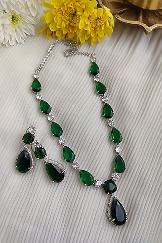 White Finish Emerald & Zircon Long Necklace Set by Anairaa Jewellery
