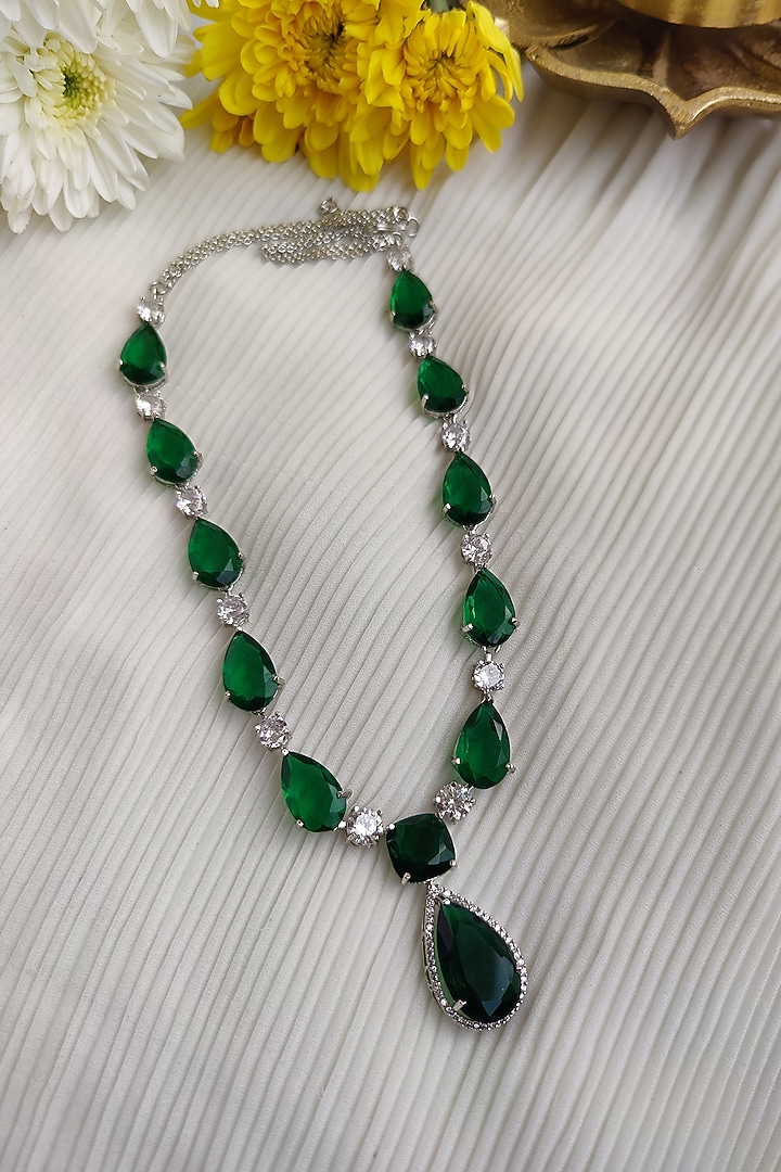 White Finish Emerald & Zircon Long Necklace Set by Anairaa Jewellery at Pernia's Pop Up Shop