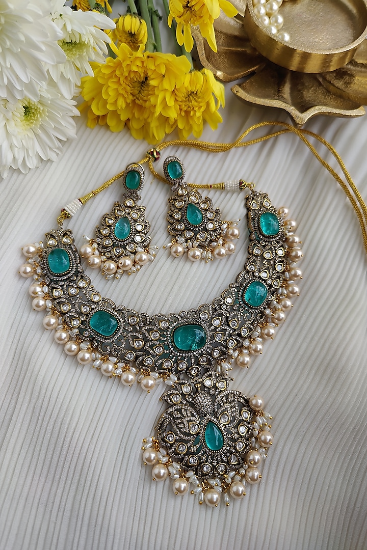 Two Tone Finish Victorian Polki & Emerald Long Necklace Set by Anairaa Jewellery