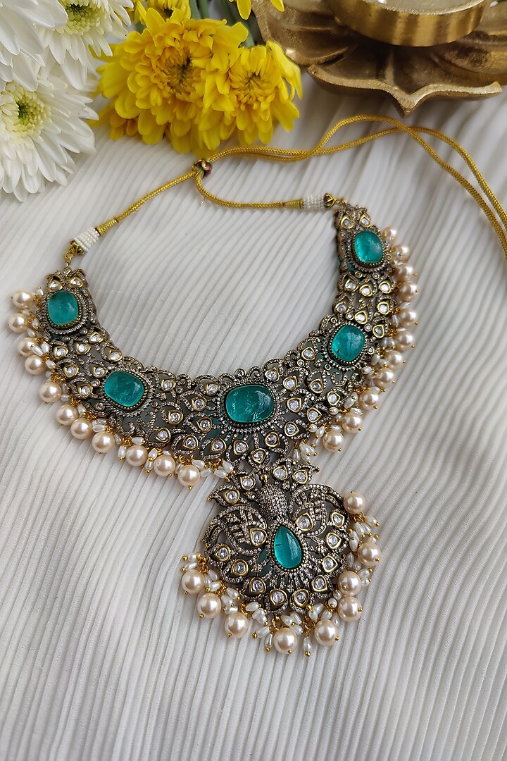 Two Tone Finish Victorian Polki & Emerald Long Necklace Set by Anairaa Jewellery at Pernia's Pop Up Shop