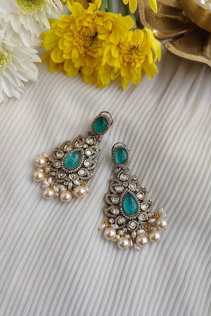 Two Tone Finish Victorian Polki & Emerald Long Necklace Set by Anairaa Jewellery at Pernia's Pop Up Shop