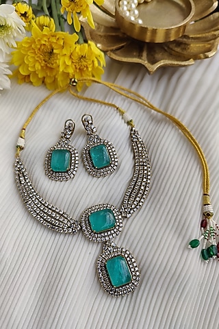 Black Rhodium Finish Diamond & Teal Doublet Stone Necklace Set by Anairaa Jewellery