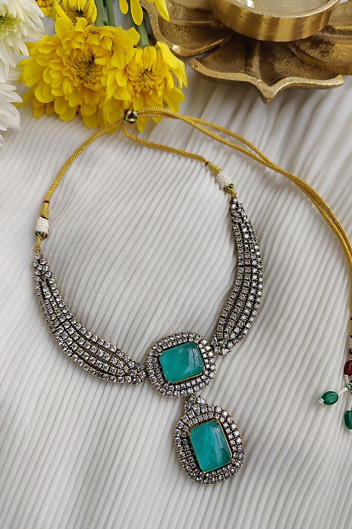 Black Rhodium Finish Diamond & Teal Doublet Stone Necklace Set by Anairaa Jewellery at Pernia's Pop Up Shop