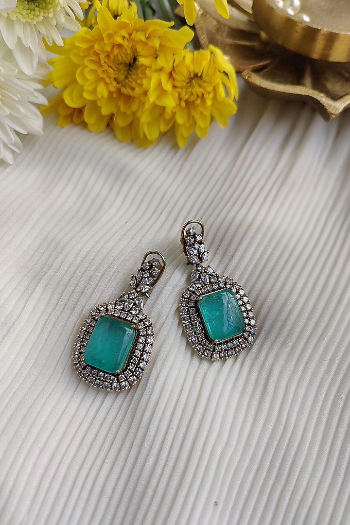 Black Rhodium Finish Diamond & Teal Doublet Stone Necklace Set by Anairaa Jewellery at Pernia's Pop Up Shop