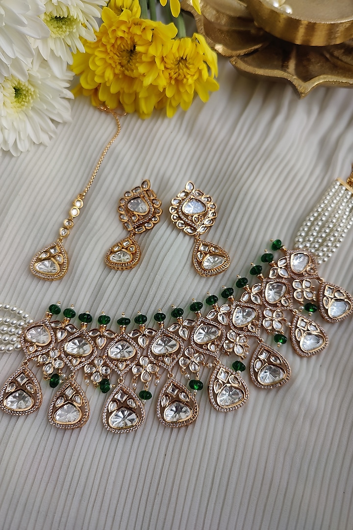 Gold Finish Kundan Polki & Melon Bead Choker Necklace Set by Anairaa Jewellery