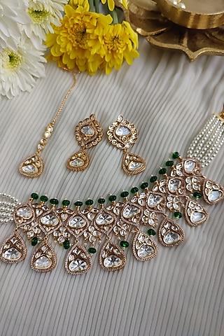Gold Finish Kundan Polki & Melon Bead Choker Necklace Set by Anairaa Jewellery