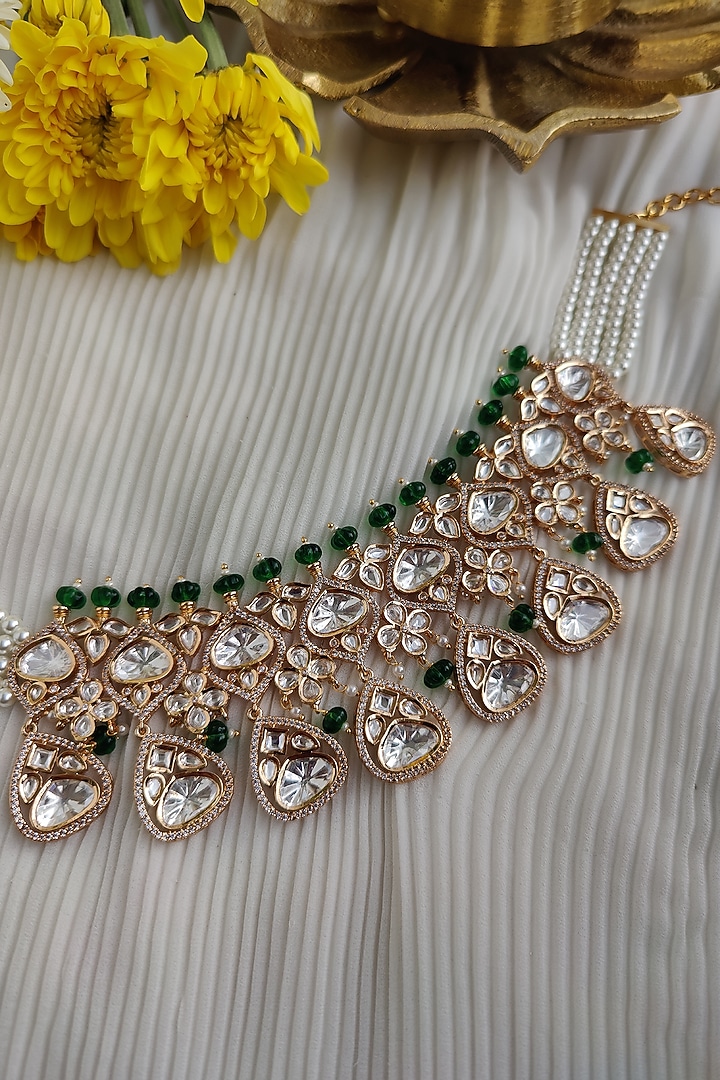 Gold Finish Kundan Polki & Melon Bead Choker Necklace Set by Anairaa Jewellery at Pernia's Pop Up Shop