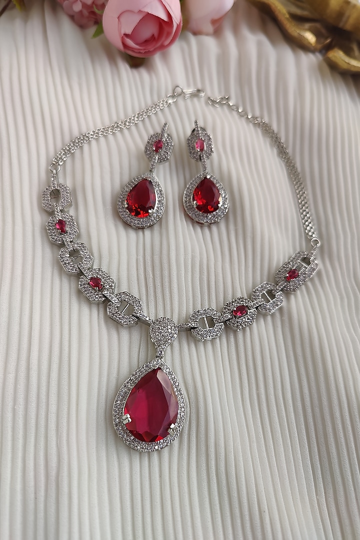 White Finish Zircon & Red Stone Necklace Set by Anairaa Jewellery