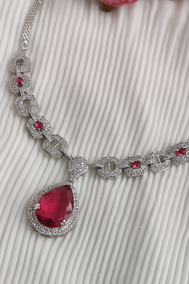 White Finish Zircon & Red Stone Necklace Set by Anairaa Jewellery at Pernia's Pop Up Shop