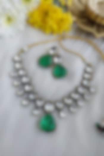 Black Rhodium Finish Kundan Polki & Green Doublet Stone Necklace Set by Anairaa Jewellery