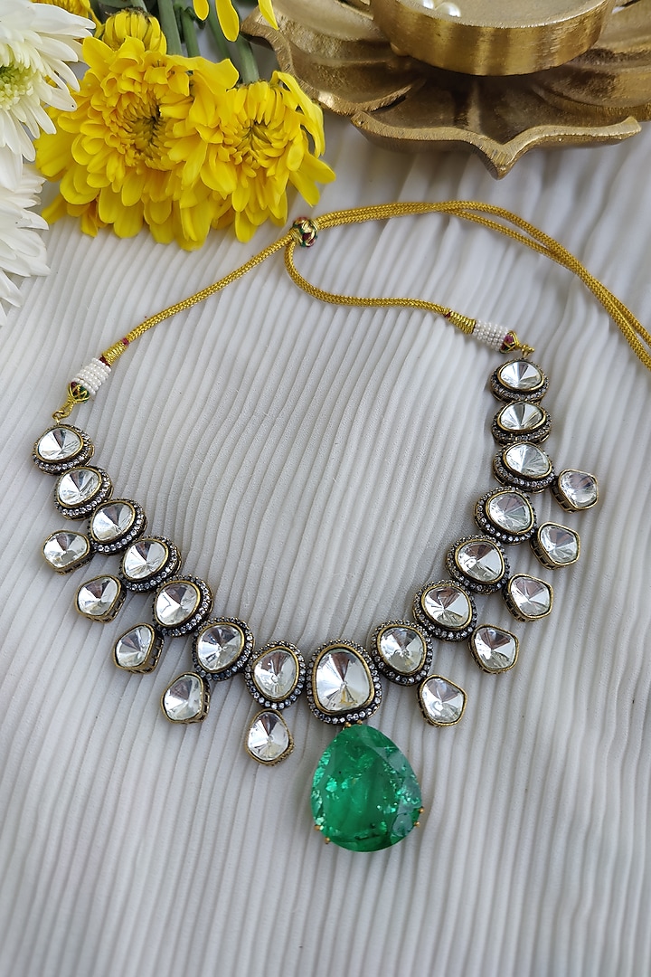 Black Rhodium Finish Kundan Polki & Green Doublet Stone Necklace Set by Anairaa Jewellery at Pernia's Pop Up Shop