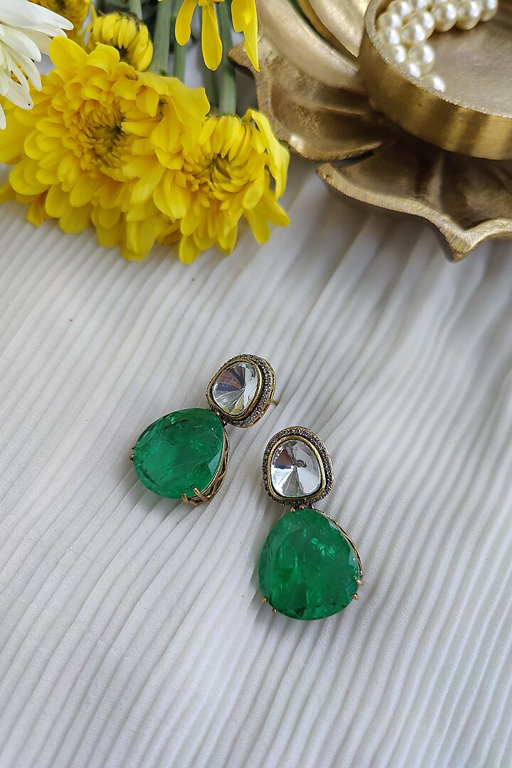 Black Rhodium Finish Kundan Polki & Green Doublet Stone Necklace Set by Anairaa Jewellery at Pernia's Pop Up Shop