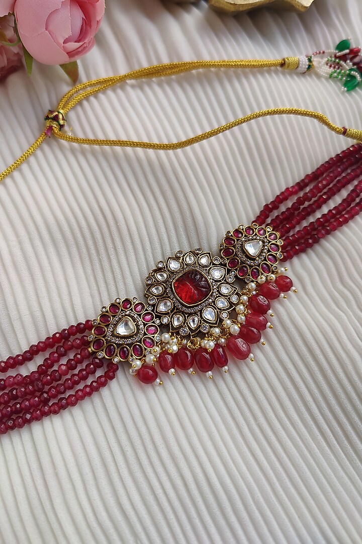 Gold Finish Kundan Polki & Red Stone Choker Necklace Set by Anairaa Jewellery at Pernia's Pop Up Shop