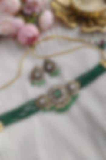 White Finish Kundan Polki & Pastel Green Stone Choker Necklace Set by Anairaa Jewellery