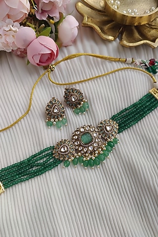 White Finish Kundan Polki & Pastel Green Stone Choker Necklace Set by Anairaa Jewellery