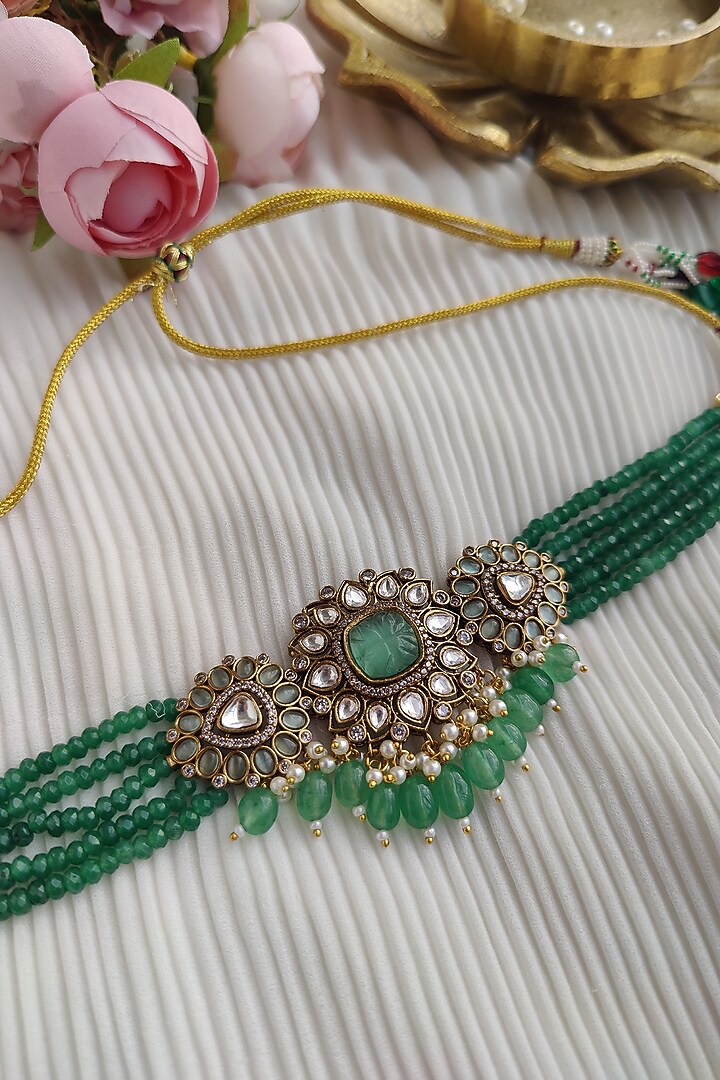White Finish Kundan Polki & Pastel Green Stone Choker Necklace Set by Anairaa Jewellery at Pernia's Pop Up Shop