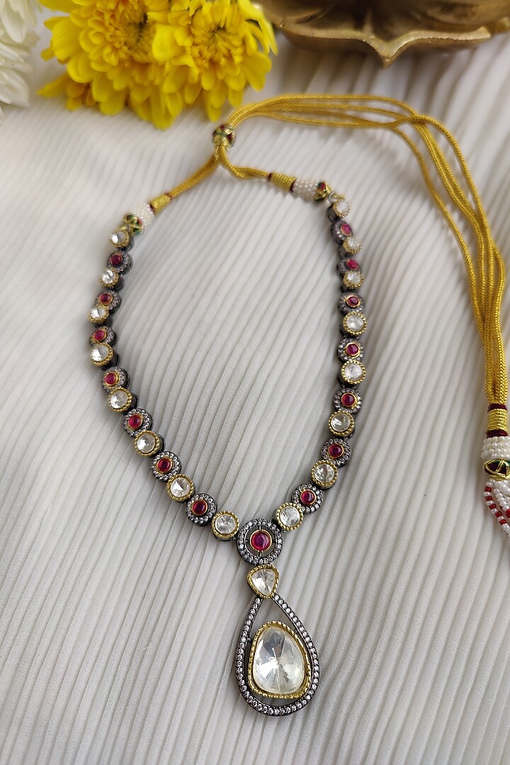 Two Tone Finish Kundan Polki & Zirconia Long Necklace Set by Anairaa Jewellery at Pernia's Pop Up Shop
