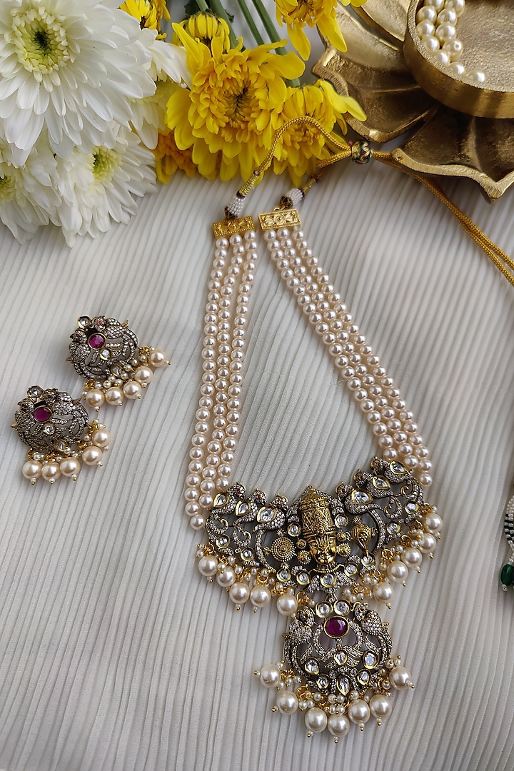 Two Tone Finish Kundan Polki Temple Necklace Set by Anairaa Jewellery