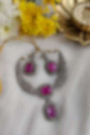 Black Rhodium Finish Diamond & Purple Stone Necklace Set by Anairaa Jewellery