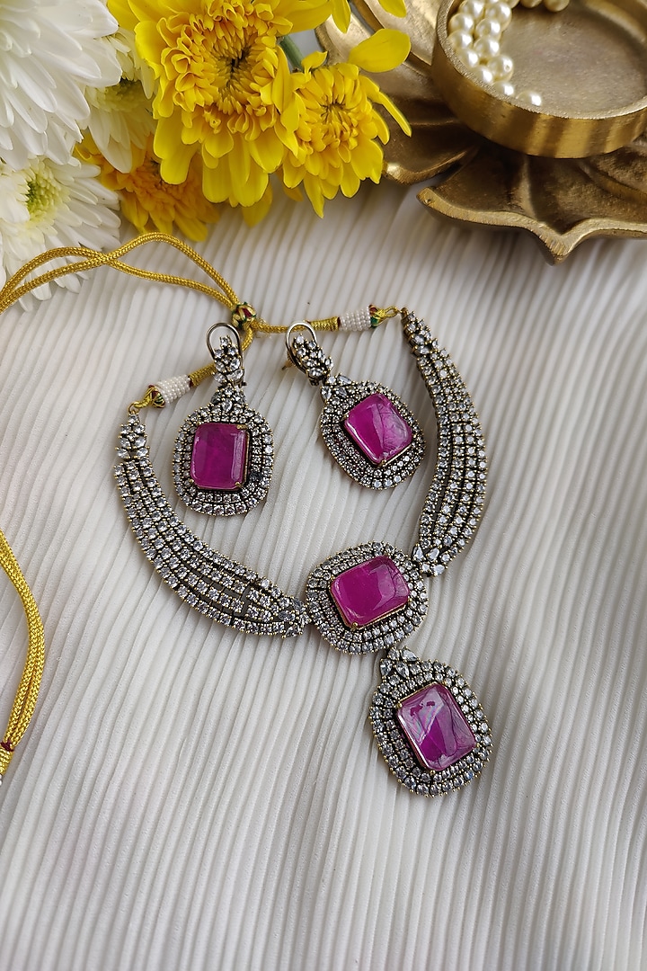 Black Rhodium Finish Diamond & Purple Stone Necklace Set by Anairaa Jewellery at Pernia's Pop Up Shop