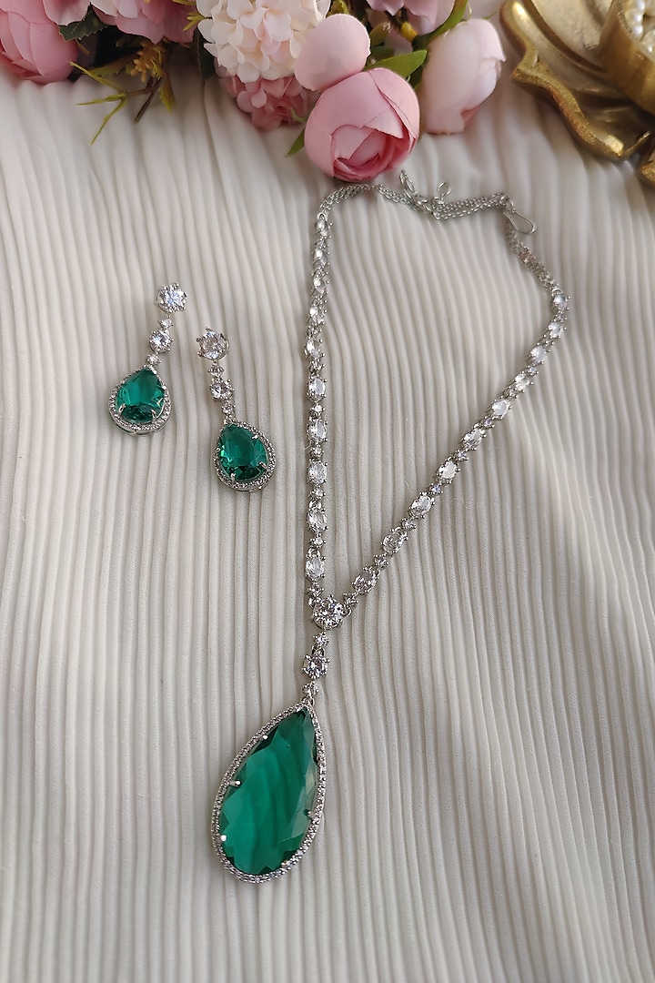 White Finish Zircon & Green Doublet Stone Long Necklace Set by Anairaa Jewellery