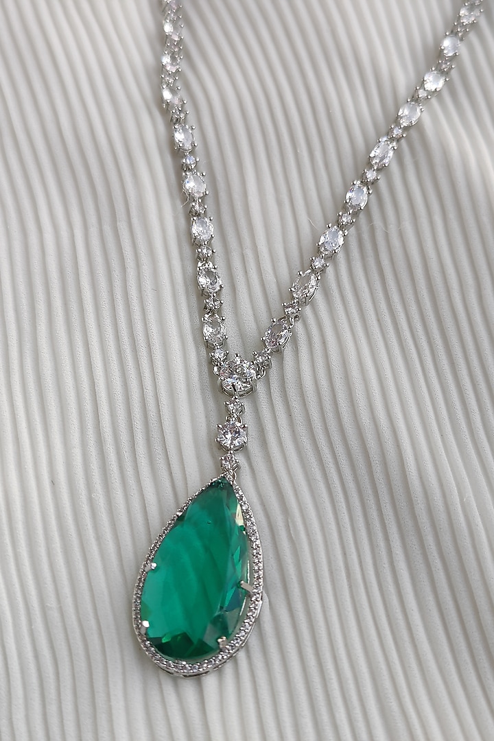 White Finish Zircon & Green Doublet Stone Long Necklace Set by Anairaa Jewellery at Pernia's Pop Up Shop