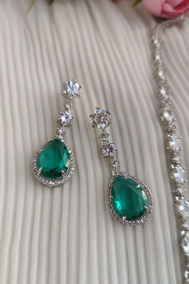 White Finish Zircon & Green Doublet Stone Long Necklace Set by Anairaa Jewellery at Pernia's Pop Up Shop