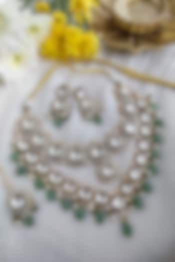 Gold Finish Kundan Polki & Melon Bead Layered Necklace Set by Anairaa Jewellery