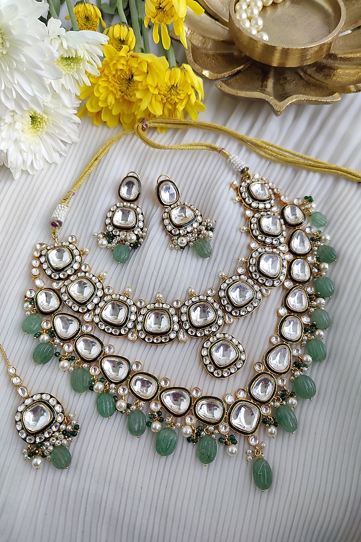 Gold Finish Kundan Polki & Melon Bead Layered Necklace Set by Anairaa Jewellery
