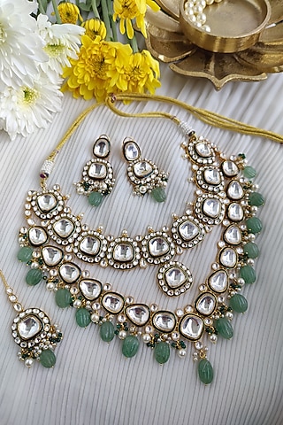 Gold Finish Kundan Polki & Melon Bead Layered Necklace Set by Anairaa Jewellery