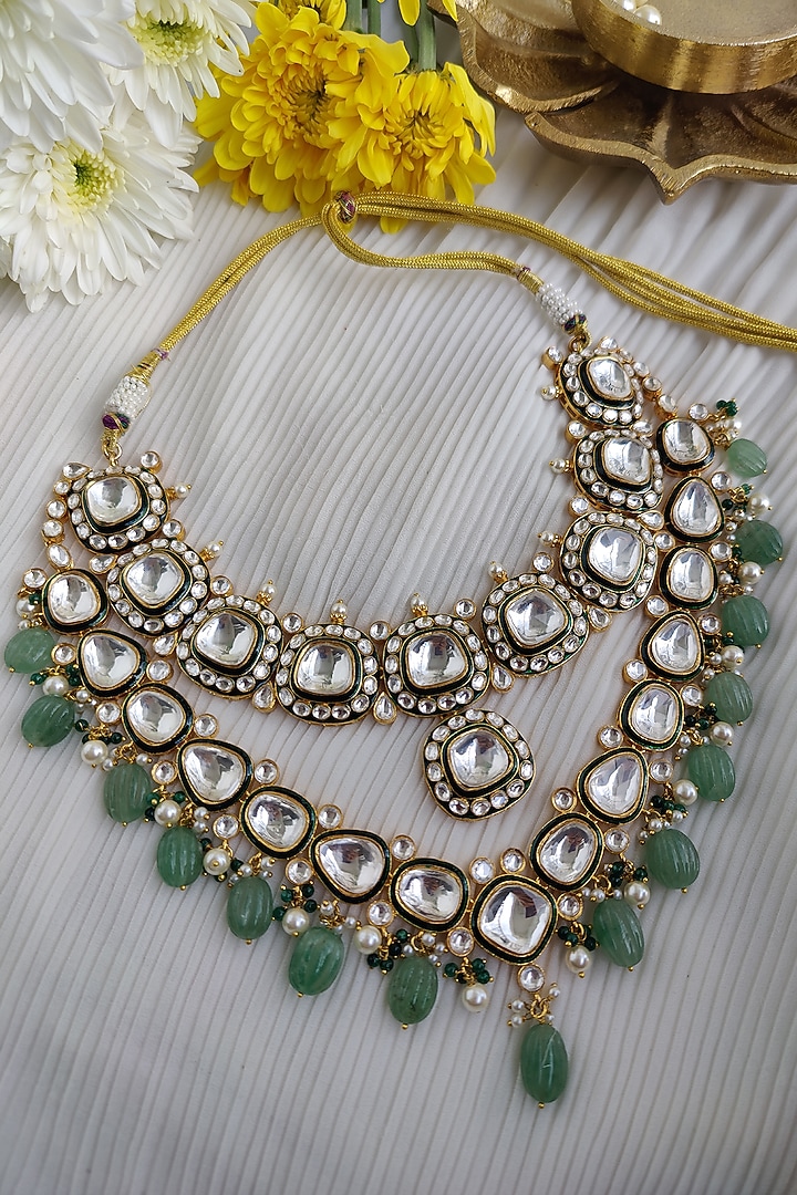 Gold Finish Kundan Polki & Melon Bead Layered Necklace Set by Anairaa Jewellery at Pernia's Pop Up Shop
