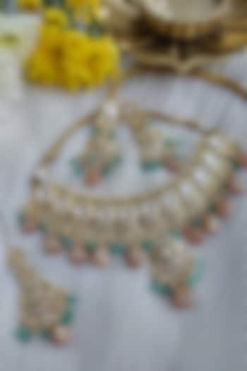 Gold Finish Kundan Polki & Hand Painted Bead Choker Necklace Set by Anairaa Jewellery