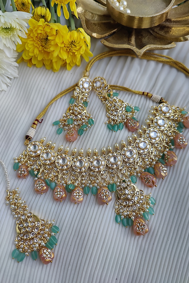 Gold Finish Kundan Polki & Hand Painted Bead Choker Necklace Set by Anairaa Jewellery