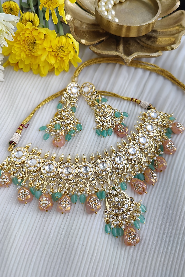 Gold Finish Kundan Polki & Hand Painted Bead Choker Necklace Set by Anairaa Jewellery at Pernia's Pop Up Shop