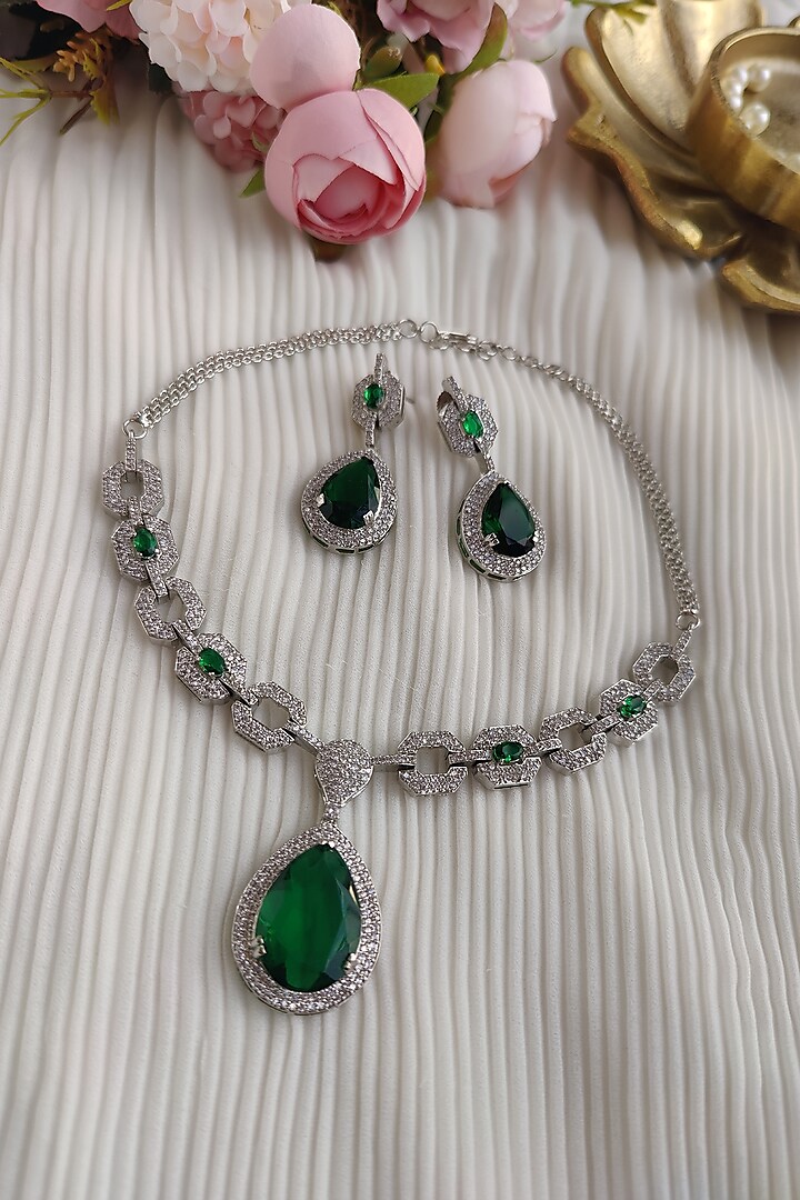 White Finish Zircon & Green Stone Necklace Set by Anairaa Jewellery