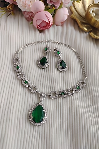 White Finish Zircon & Green Stone Necklace Set by Anairaa Jewellery