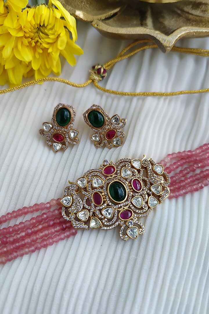 Gold Finish Kundan Polki & Pastel Bead Choker Necklace Set by Anairaa Jewellery at Pernia's Pop Up Shop