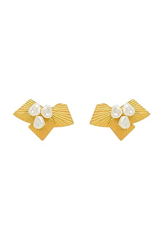 Gold Plated Pearl Stud Earrings by Antarez Jewels