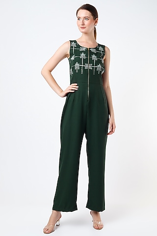 Bottle Green Embellished Jumpsuit by Anuja Banthia