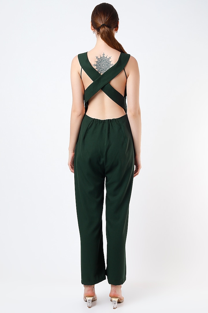 Bottle Green Embellished Jumpsuit by Anuja Banthia at Pernia's Pop Up Shop