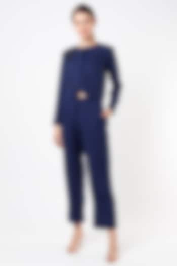 Dark Blue Ankle-Length Pant Set In Alpha Crepe by Anuja Banthia