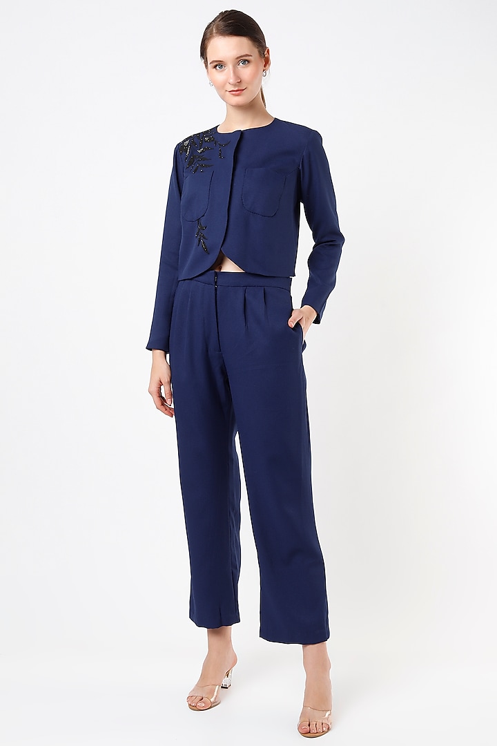 Dark Blue Ankle-Length Pant Set In Alpha Crepe by Anuja Banthia